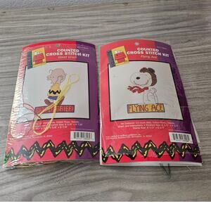 Lot of 2 Peanuts Cross Stitched Kit Snoopy Charlie Brown 1996 Complete?